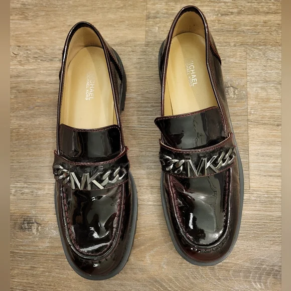 Micheal Kors Blaine Loafer Size 8 Burgundy/Gunmetal Chain Logo - Picture 7 of 16